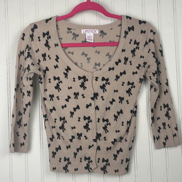 Lipstick‎ Women's Bow Design Tan Cardigan In Size Small 3/4 Sleeves Lightweight - Picture 1 of 5